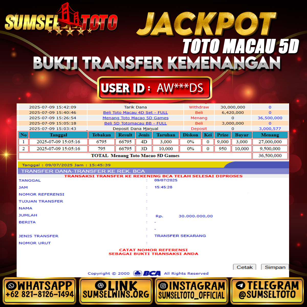SUMSELTOTO JACKPOT TOTO MACAU 5D Rp.30,000,000.,- LUNAS